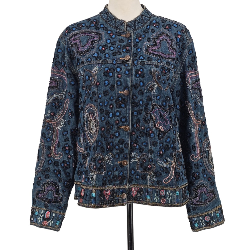 Chicos Heavily Beaded Denim Jacket L Blue Art to Wear Bohemian Paisley Artsy